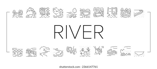 River And Lake Nature Landscape Icons Set Vector. River Mouth And Delta, Sea Shore And Pond In Forest, Aqueduct Construction And Dam. Waterfall And Water Reservoir Black Contour Illustrations svg