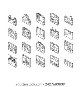 River And Lake Nature Landscape isometric icons set. River Mouth And Delta, Sea Shore And Pond In Forest, Aqueduct Construction And Dam. Waterfall And Water Reservoir Color