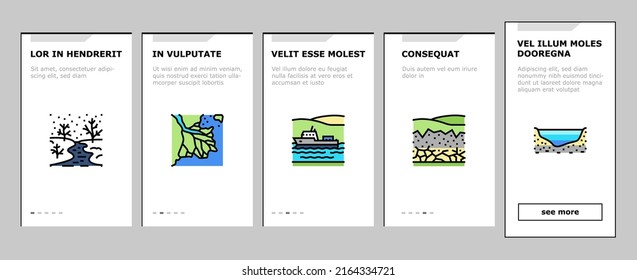 River And Lake Nature Landscape Onboarding Mobile App Page Screen Vector. River Mouth And Delta, Sea Shore And Pond In Forest, Aqueduct Construction Dam. Waterfall And Water Reservoir Illustrations