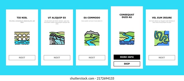 River And Lake Nature Landscape Onboarding Mobile App Page Screen Vector. River Mouth And Delta, Sea Shore And Pond In Forest, Aqueduct Construction Dam. Waterfall And Water Reservoir Illustrations