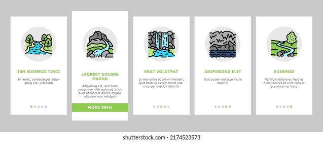 River And Lake Nature Landscape Onboarding Mobile App Page Screen Vector. River Mouth And Delta, Sea Shore And Pond In Forest, Aqueduct Construction Dam. Waterfall And Water Reservoir Illustrations