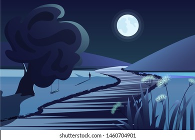 River or lake near mountains in deep night. Cartoon rural nature landscape with deep moon and river reflections vector illustration.
