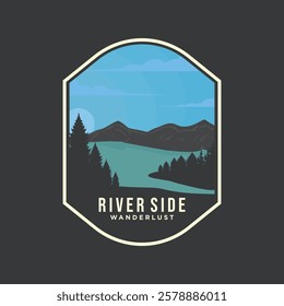 river or lake shore emblem patch logo illustration on dark background illustration template design. adventure in nature wandering retro concept