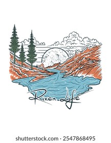 Ilustración del dibujo de la mano del diseño de la camiseta de la aventura al aire libre del Arte vectorial del lago del río para los amantes del viaje