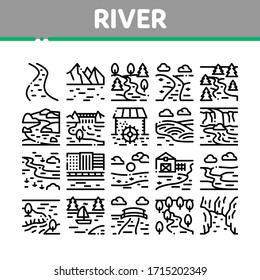 River Landscape Collection Icons Set Vector. River With Mountain And Forest, Bridge And City Buildings, Water Mill And Field Concept Linear Pictograms. Monochrome Contour Illustrations