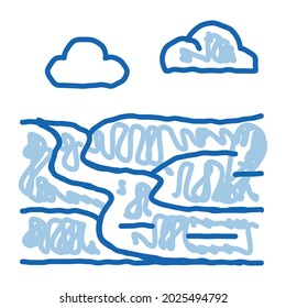 paisaje fluvial en el campo esboza un vector de icono. Dibujo manual de la línea de doodle azul del paisaje del río en el signo del campo. ilustración de símbolo aislado