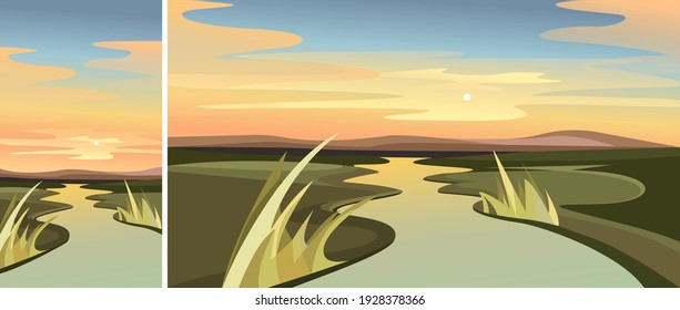 River landscape at dawn. Set of natural sceneries in vertical and horizontal orientation.