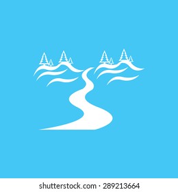 Icono plano de río y paisaje con una sombra larga.