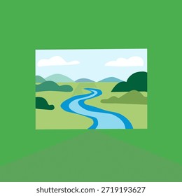 River landscape in flat style for natural water resource design. Great for environmental education, conservation campaigns, and sustainability visuals.