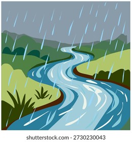 Paisagem fluvial em estilo plano para a estação chuvosa com água corrente e chuva.