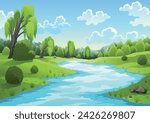 River landscape with green hill, grass tree and clouds on sky. Beautiful scene with river flowing through hills, green fields and forest. Vector illustration