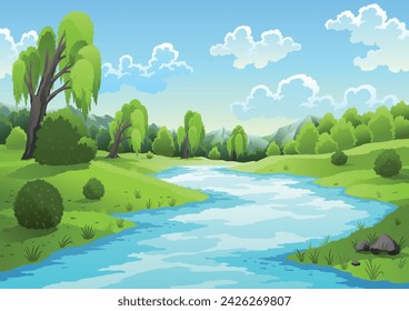 River landscape with green hill, grass tree and clouds on sky. Beautiful scene with river flowing through hills, green fields and forest. Vector illustration