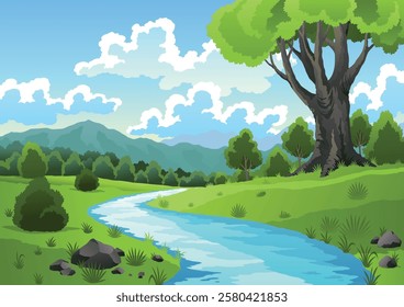 River landscape with green hill, grass tree and clouds on sky. Beautiful scene with river flowing through hills, green fields and forest. Vector illustration