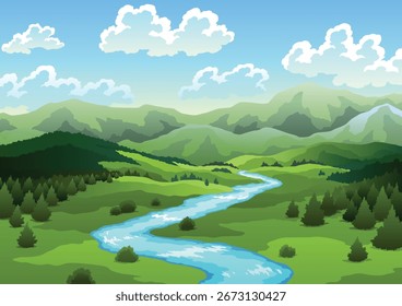 River landscape with green hill, grass tree and clouds on sky. Beautiful scene with river flowing through hills, green fields and forest. Vector illustration