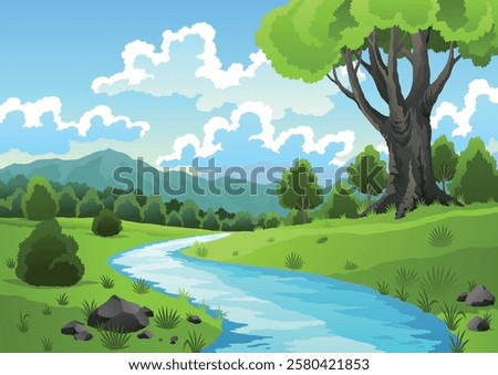 River landscape with green hill, grass tree and clouds on sky. Beautiful scene with river flowing through hills, green fields and forest. Vector illustration