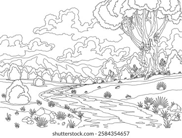 River landscape with hill, tree and clouds on sky. Beautiful scene with river flowing through hills, fields and forest. Vector coloring style illustration