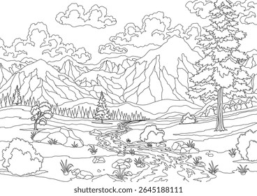 River landscape with hill, tree and clouds on sky. Beautiful scene with river flowing through hills, fields and forest. Vector coloring style illustration