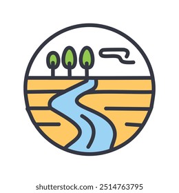 Icono del paisaje del río. Ilustración sencilla y minimalista de un río serpenteando a través de un paisaje rural. Perfecto para proyectos relacionados con la naturaleza.