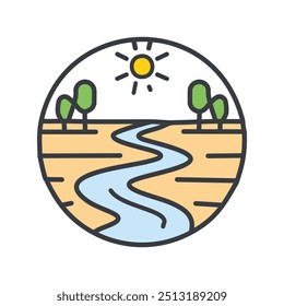 River landscape icon. Sun, trees, and a winding river create a simple nature scene.  Ideal for ecological or environmental themes.
