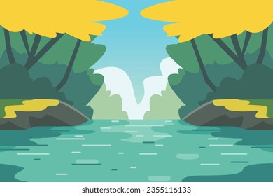 river landscape, illustration of a river view in the middle of a forest