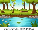 River Landscape Illustration with View Mountains, Green Fields, Trees and Forest Surrounding the Rivers in Flat Cartoon Hand Drawn Templates