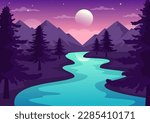River Landscape Illustration with View Mountains, Green Fields, Trees and Forest Surrounding the Rivers in Flat Cartoon Hand Drawn Templates