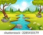 River Landscape Illustration with View Mountains, Green Fields, Trees and Forest Surrounding the Rivers in Flat Cartoon Hand Drawn Templates