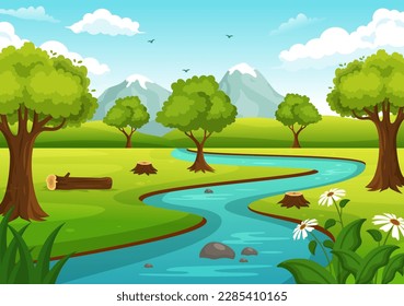 River Landscape Illustration with View Mountains, Green Fields, Trees and Forest Surrounding the Rivers in Flat Cartoon Hand Drawn Templates