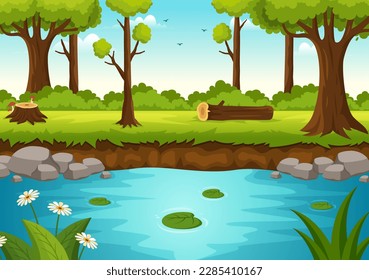 River Landscape Illustration with View Mountains, Green Fields, Trees and Forest Surrounding the Rivers in Flat Cartoon Hand Drawn Templates