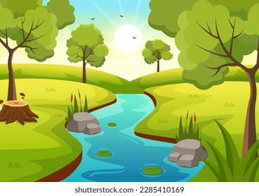 Ilustración del paisaje fluvial con vistas a las montañas, campos verdes, árboles y bosques que rodean los ríos con plantillas dibujadas a mano de dibujos planos