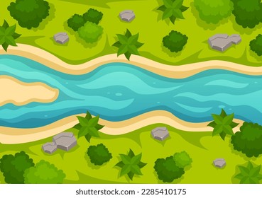 Ilustración del paisaje fluvial con vistas a las montañas, campos verdes, árboles y bosques que rodean los ríos con plantillas dibujadas a mano de dibujos planos