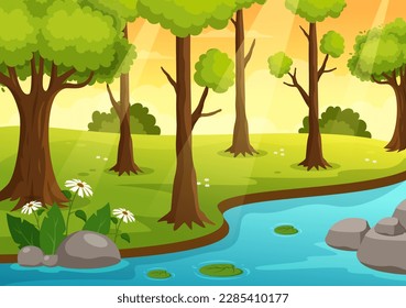 River Landscape Illustration with View Mountains, Green Fields, Trees and Forest Surrounding the Rivers in Flat Cartoon Hand Drawn Templates