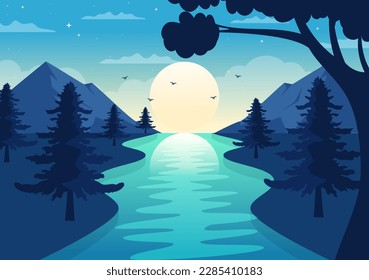 River Landscape Illustration with View Mountains, Green Fields, Trees and Forest Surrounding the Rivers in Flat Cartoon Hand Drawn Templates