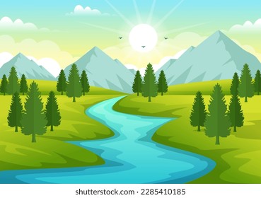 River Landscape Illustration with View Mountains, Green Fields, Trees and Forest Surrounding the Rivers in Flat Cartoon Hand Drawn Templates
