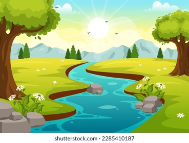 River Landscape Illustration with View Mountains, Green Fields, Trees and Forest Surrounding the Rivers in Flat Cartoon Hand Drawn Templates