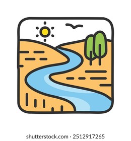 Ilustração de paisagem de rio. Rio sinuoso, sol, árvores e uma vasta paisagem, representando a beleza e a tranquilidade da natureza.