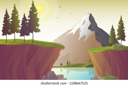 River landscape with mountain and cliff, vector illustration