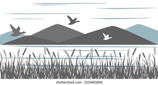 River landscape. Mountains, sedge, river and sky. Ducks are flying. Vector background.