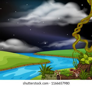 Un paisaje fluvial en ilustración nocturna