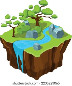 River landscape on isometric flying island. Cartoon game texture
