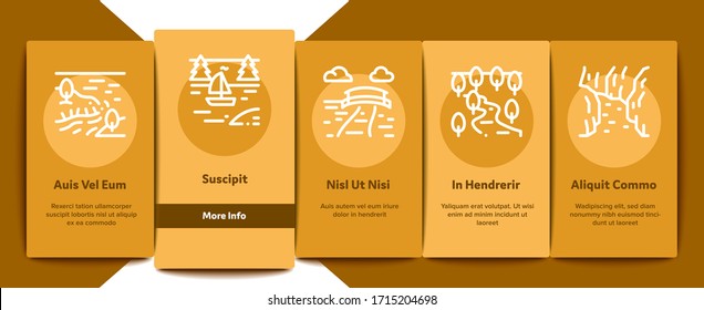 River Landscape Onboarding Mobile App Page Screen Vector. River With Mountain And Forest, Bridge And City Buildings, Water Mill And Field Color Contour Illustrations