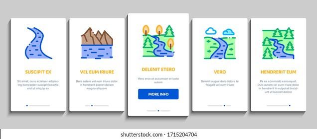 River Landscape Onboarding Mobile App Page Screen Vector. River With Mountain And Forest, Bridge And City Buildings, Water Mill And Field Color Contour Illustrations