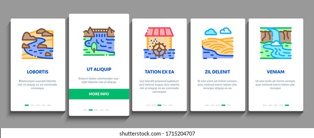 Vector de pantalla de la página web de River Landscape Onboarding Mobile App. Río Con Montañas Y Bosques, Puentes Y Edificios De La Ciudad, Molinos De Agua Y Contornos De Color De Campo Ilustraciones