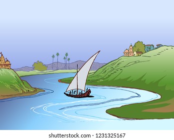 River Landscape with Passenger Cross River near village