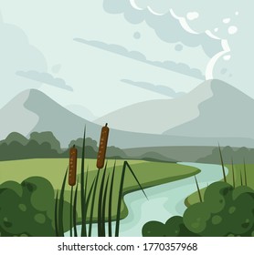 River landscape with reed and hills. Vector 