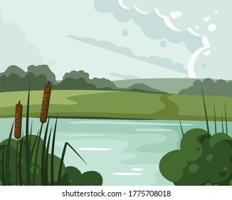 River landscape with reed. Nature vector illustration