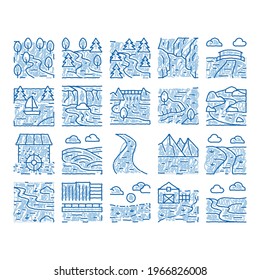 River Landscape sketch icon vector. Hand drawn blue doodle line art River With Mountain And Forest, Bridge And City Buildings, Water Mill And Field Illustrations