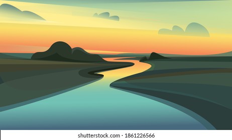 River landscape at sunset. Beautiful nature scenery.