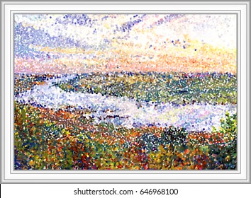 River landscape. River Tom. Russia. Siberia. This image made from gouache painting. Digital pointillism. End of summer