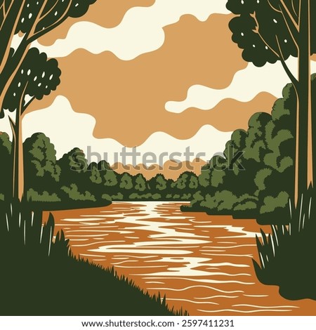 River Landscape with Trees - Vintage Style Vector Illustration